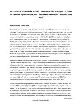 A Randomized, Double Blind, Placebo-Controlled Trial to Investigate the Effects of Vitamin C, Hydrocortisone, and Thiamine on the Outcome of Patients with Sepsis