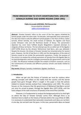 From Irredentism to State Disintegration: Greater Somalia During Siad Barre Regime (1969-1991)