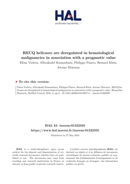 RECQ Helicases Are Deregulated in Hematological Malignancies In