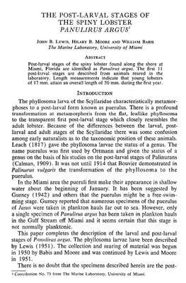 The Post-Larval Stages of the Spiny Lobster <I>Panulirus Argus</I>