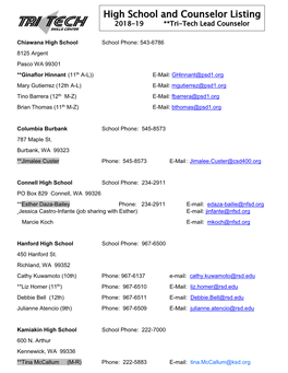 High School and Counselor Listing 2018-19 **Tri-Tech Lead Counselor