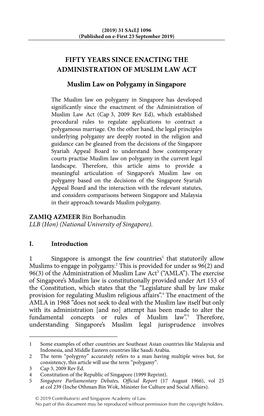 FIFTY YEARS SINCE ENACTING the ADMINISTRATION of MUSLIM LAW ACT Muslim Law on Polygamy in Singapore