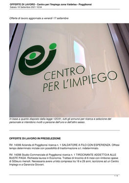 OFFERTE DI LAVORO - Centro Per L'impiego Zona Valdelsa - Poggibonsi Sabato 18 Settembre 2021 16:04