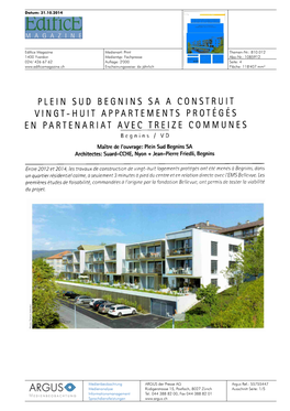 PLEIN SUD BEGNINS SA a CONSTRUIT VINGT-HUIT APPARTEMENTSPROTÉGÉS EN PARTENARIAT AVEC TREIZE COMMUNES Begnins / VD