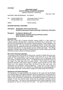 CITATION RED POINT COAST SITE of SPECIAL SCIENTIFIC INTEREST Highland (Caithness / Sutherland) Site Code: 1338 NATIONAL GRID REFERENCE: NC 930657