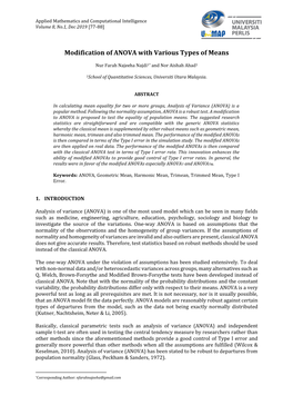 Modification of ANOVA with Various Types of Means