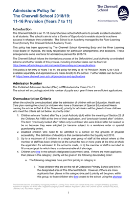 Admissions Policy for the Cherwell School 2018/19: 11-16 Provision (Years 7 to 11)