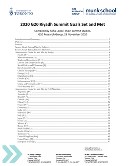 2020 G20 Riyadh Summit Goals Set and Met Compiled by Sofia Lopez, Chair, Summit Studies, G20 Research Group, 23 November 2020 Introduction and Summary