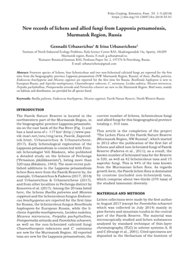 New Records of Lichens and Allied Fungi from Lapponia Petsamoënsis, Murmansk Region, Russia