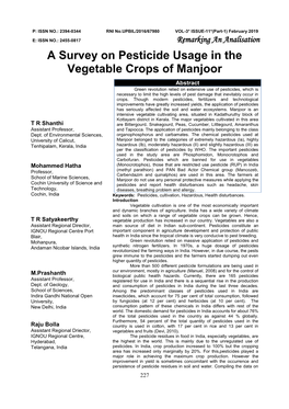 A Survey on Pesticide Usage in the Vegetable Crops of Manjoor T R