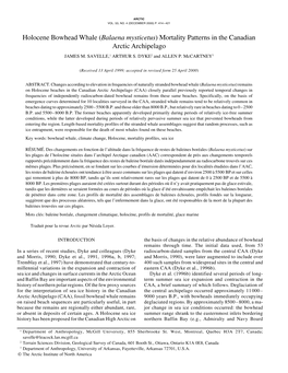 Holocene Bowhead Whale (Balaena Mysticetus) Mortality Patterns in the Canadian Arctic Archipelago JAMES M