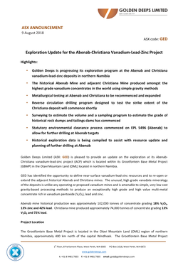 Exploration Update for the Abenab-Christiana Vanadium-Lead-Zinc Project