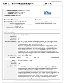 Part 573 Safety Recall Report 18V-492