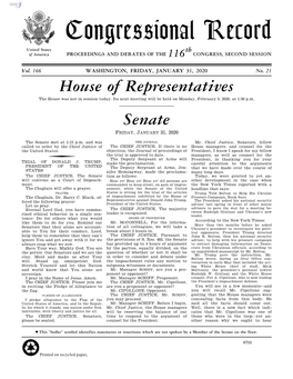 Congressional Record United States Th of America PROCEEDINGS and DEBATES of the 116 CONGRESS, SECOND SESSION