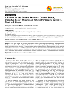 A Review on the General Features, Current Status, Opportunities of Threatened Yeheb (Cordeauxia Edulis H.) Plant in Ethiopia