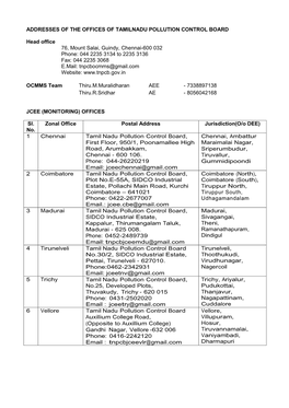 ADDRESSES of the OFFICES of TAMILNADU POLLUTION CONTROL BOARD Head Office 76, Mount Salai, Guindy, Chennai-600 032 Phone: 044 22