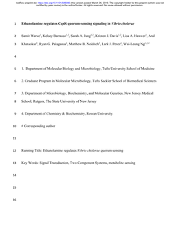 Ethanolamine Regulates Cqsr Quorum-Sensing Signaling in Vibrio Cholerae