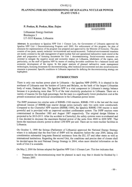 Planning for Decommissioning of Ignalina Nuclear Power Plant Unit-1