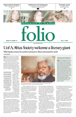 U of A, Africa Society Welcome a Literary Giant Wole Soyinka Stresses the Need for Restitution in Africa and Around the World