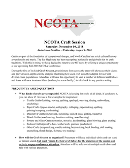 NCOTA Craft Session Saturday, November 10, 2018 Submission Deadline – Wednesday, August 1, 2018