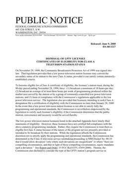 PUBLIC NOTICE FEDERAL COMMUNICATIONS COMMISSION 445 12Th STREET, S.W