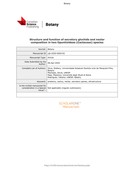 Structure and Function of Secretory Glochids and Nectar Composition in Two Opuntioideae (Cactaceae) Species