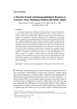 C-Reactive Protein and Immunoglobulin-E Response to Coronary Artery Stenting in Patients with Stable Angina