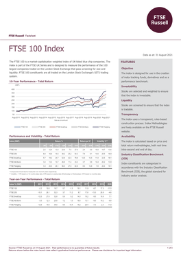 FTSE 100 Index Data As At: 31 August 2021 Bmktitle1 the FTSE 100 Is a Market-Capitalisation Weighted Index of UK-Listed Blue Chip Companies