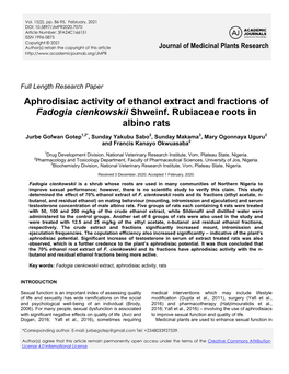 Aphrodisiac Activity of Ethanol Extract and Fractions of Fadogia Cienkowskii Shweinf