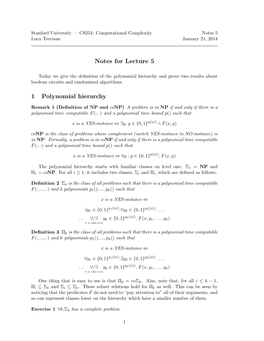 Notes for Lecture 5 1 Polynomial Hierarchy