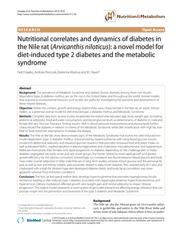 Nutritional Correlates and Dynamics of Diabetes in the Nile Rat (Arvicanthis Niloticus): a Novel Model for Diet-Induced Type