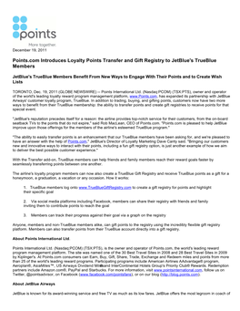 Points.Com Introduces Loyalty Points Transfer and Gift Registry to Jetblue's Trueblue Members