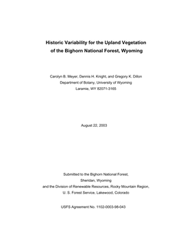 Historic Variability for the Upland Vegetation of the Bighorn National Forest, Wyoming