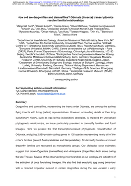 Odonata (Insecta) Transcriptomics Resolve Familial Relationships