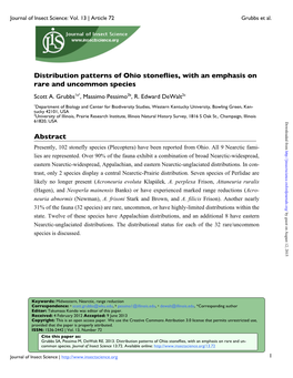 Distribution Patterns of Ohio Stoneflies, with an Emphasis on Rare and Uncommon Species