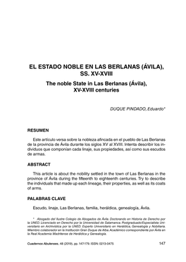 EL ESTADO NOBLE EN LAS BERLANAS (ÁVILA), SS. XV-XVIII the Noble State in Las Berlanas (Ávila), XV-XVIII Centuries