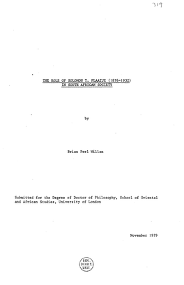 The Role of Solomon T. Plaatje (1876-1932) in South African Society