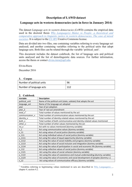 Description of LAWD Dataset Language Acts in Western Democracies (Acts in Force in January 2014)