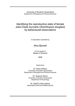 Identifying the Reproductive State of Female Julia Creek Dunnarts (Sminthopsis Douglasi) by Behavioural Observations