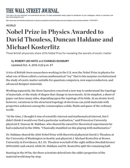 Nobel Prize in Physics Awarded to David...N Haldane and Michael