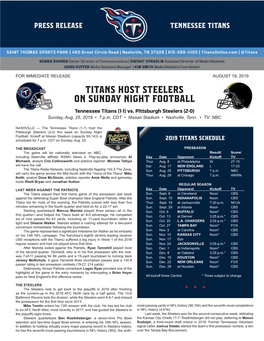 TITANS HOST STEELERS on SUNDAY NIGHT FOOTBALL Tennessee Titans (1-1) Vs