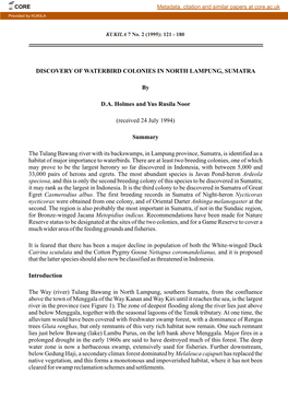 DISCOVERY of WATERBIRD COLONIES in NORTH LAMPUNG, SUMATRA by D.A. Holmes and Yus Rusila Noor (Received 24 July 1994) Summary