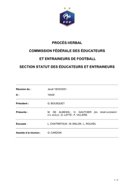 Procès-Verbal Commission Fédérale Des Éducateurs Et Entraineurs