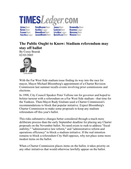 The Public Ought to Know: Stadium Referendum May Stay Off Ballot by Corey Bearak 02/03/2005