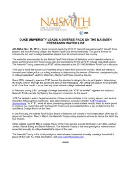 Duke University Leads a Diverse Pack on the Naismith Preseason Watch List