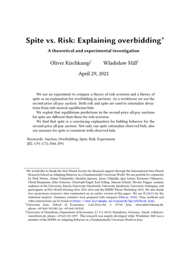 Spite Vs. Risk: Explaining Overbidding∗ a Theoretical and Experimental Investigation