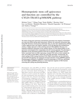 Hematopoietic Stem Cell Quiescence and Function Are Controlled by the CYLD–TRAF2–P38mapk Pathway