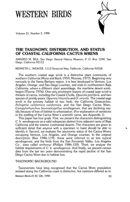 The Taxonomy, Distribution, and Status of Coastal California Cactus Wrens