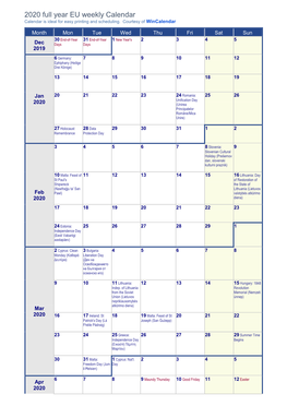 2020 Weekly Calendar