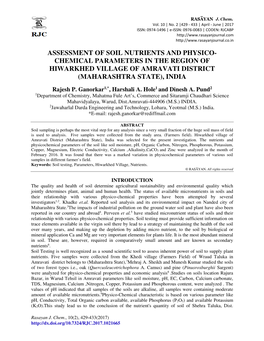 Assessment of Soil Nutrients and Physico- Chemical Parameters in the Region of Hiwarkhed Village of Amravati District (Maharashtra State), India